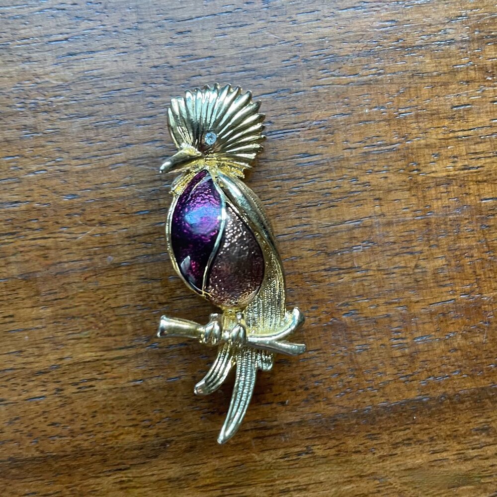 Vintage Gold-Tone  and Purple Bird Brooch – Retro Statement Pin